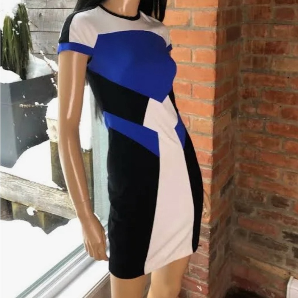BEBE blue black and white colorblock bodycon dress size XS